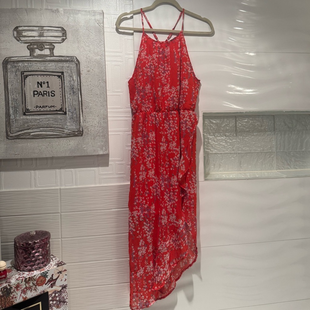 EcoWish Sundress Midi Boho Halter Sleeveless Asymmetrical Red Floral Cocktail - Picture 5 of 8